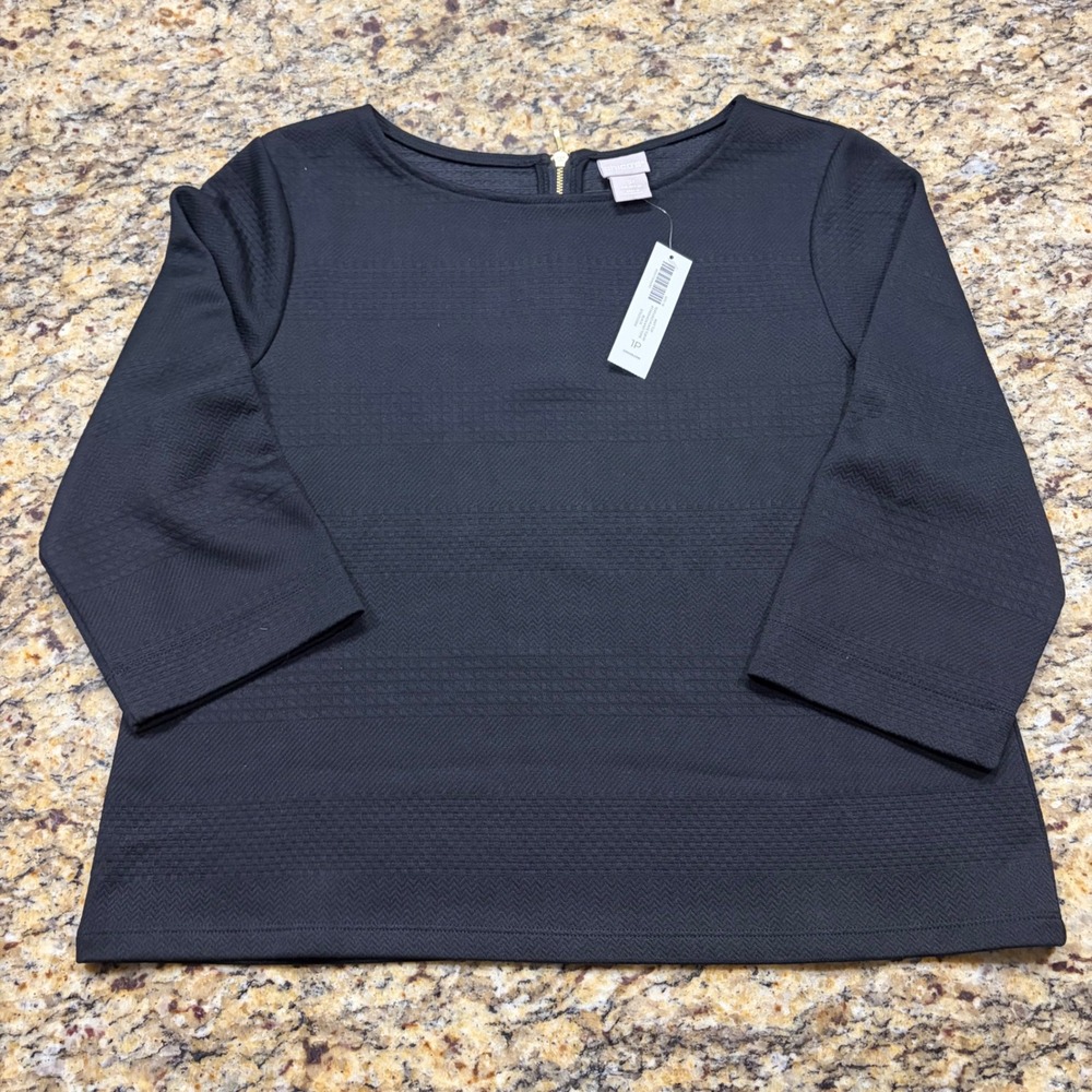 NEW Chico's Black Textured Knit Boat Neck Top 3/4 Sleeve Gold Back Zip 1P MP ws